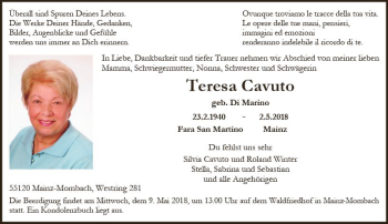 Traueranzeige von Teresa Cavuto von Trauerportal Rhein Main Presse