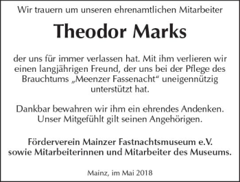 Traueranzeige von Theodor Marks von Trauerportal Rhein Main Presse