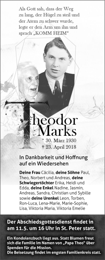 Traueranzeige von Theodor Marks von Trauerportal Rhein Main Presse