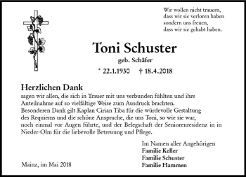 Traueranzeige von Toni Schuster von Trauerportal Rhein Main Presse