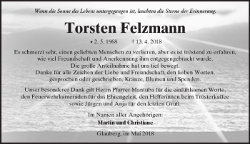 Traueranzeige von Torsten Felzmann von  Kreisanzeiger