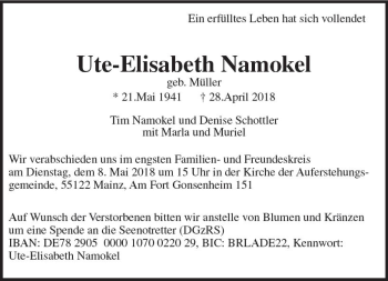 Traueranzeige von Ute-Elisabeth Namokel von Trauerportal Rhein Main Presse