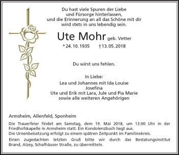 Traueranzeige von Ute Mohr von Trauerportal Rhein Main Presse
