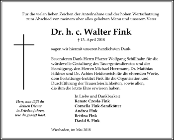 Traueranzeige von Walter Fink von Trauerportal Rhein Main Presse