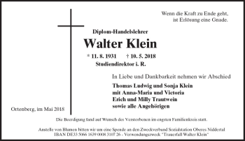 Traueranzeige von Walter Klein von  Kreisanzeiger