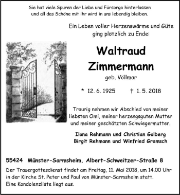 Traueranzeige von Waltraud Zimmermann von Trauerportal Rhein Main Presse