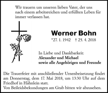 Traueranzeige von Werner Bohn von Trauerportal Rhein Main Presse