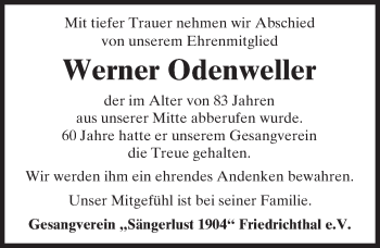 Traueranzeige von Werner Odenweller von  Usinger Anzeiger
