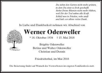Traueranzeige von Werner Odenweller von  Usinger Anzeiger