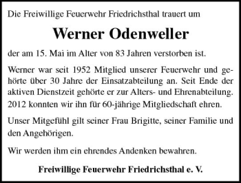 Traueranzeige von Werner Odenweller von  Usinger Anzeiger