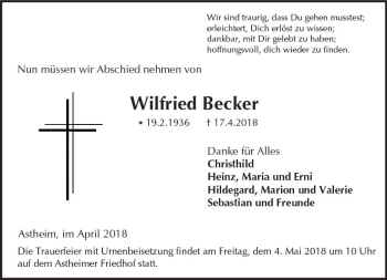 Traueranzeige von Wilfried Becker von Trauerportal Rhein Main Presse