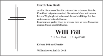 Traueranzeige von Willi Föll von  Kreisanzeiger