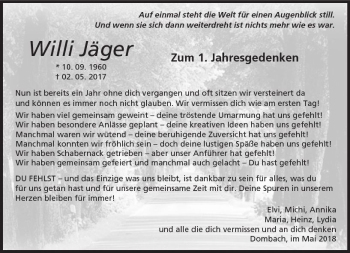 Traueranzeige von Willi Jäger von  Camberger Anzeiger