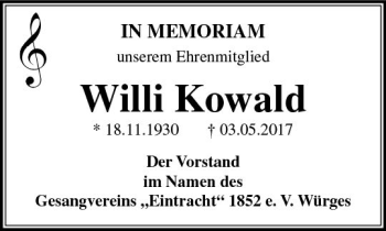 Traueranzeige von Willi Kowald von  Camberger Anzeiger