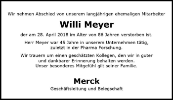 Traueranzeige von Willi Meyer von Trauerportal Rhein Main Presse