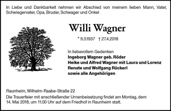 Traueranzeige von Willi Wagner von Trauerportal Rhein Main Presse