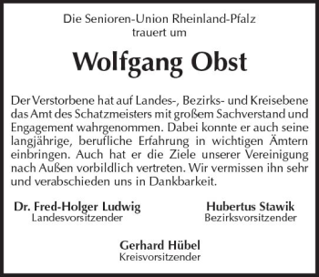 Traueranzeige von Wolfgang Obst von Trauerportal Rhein Main Presse