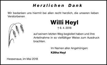 Traueranzeige von Willi Heyl von Trauerportal Rhein Main Presse