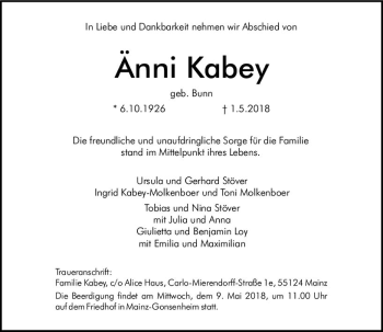 Traueranzeige von Änni Kabey von Trauerportal Rhein Main Presse