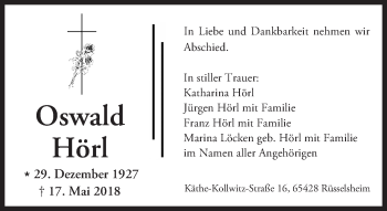 Traueranzeige von Oswald Hörl von Trauerportal Rhein Main Presse