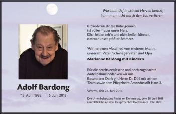 Traueranzeige von Adolf Bardong von Trauerportal Rhein Main Presse
