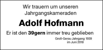 Traueranzeige von Adolf Hofmann von Trauerportal Rhein Main Presse