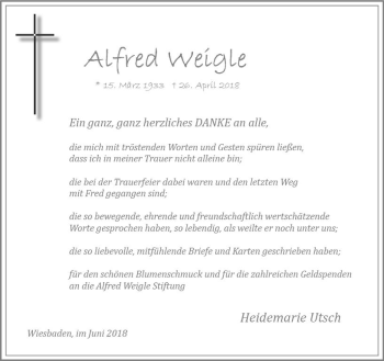 Traueranzeige von Alfred Weigle von Trauerportal Rhein Main Presse