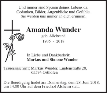 Traueranzeige von Amanda Wunder von Trauerportal Rhein Main Presse