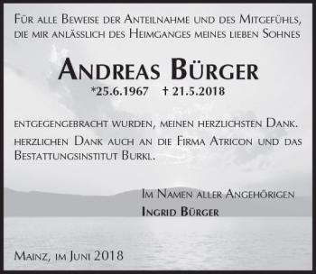 Traueranzeige von Andreas Bürger von Trauerportal Rhein Main Presse