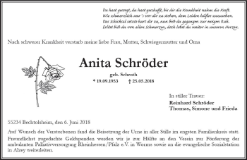 Traueranzeige von Anita Schröder von Trauerportal Rhein Main Presse