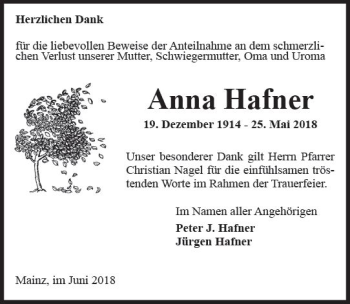 Traueranzeige von Anna Hafer von Trauerportal Rhein Main Presse