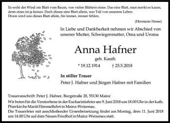 Traueranzeige von Anna Hafner von Trauerportal Rhein Main Presse
