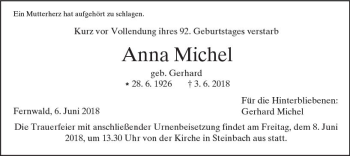 Traueranzeige von Anna Michel von  Gießener Anzeiger