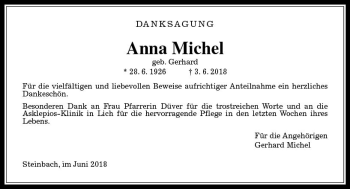 Traueranzeige von Anna Michel von  Gießener Anzeiger