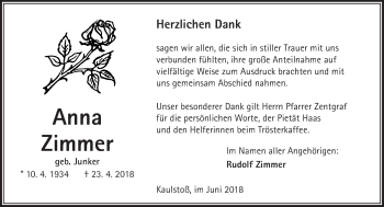 Traueranzeige von Anna Zimmer von  Kreisanzeiger