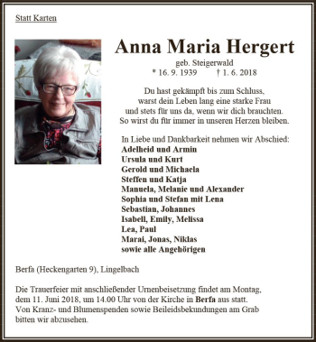 Traueranzeige von Anna Maria Hergert von VRM Trauer