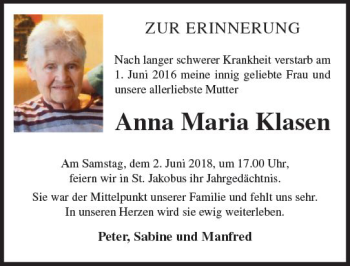 Traueranzeige von Anna Maria Klasen von Trauerportal Rhein Main Presse