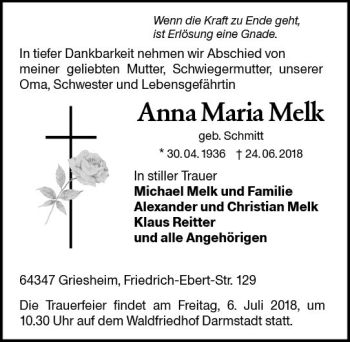 Traueranzeige von Anna Maria Melk von Trauerportal Rhein Main Presse