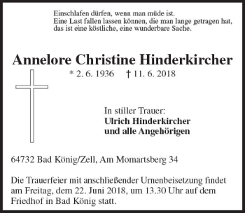 Traueranzeige von Annelore Christine Hinderkircher von Trauerportal Rhein Main Presse