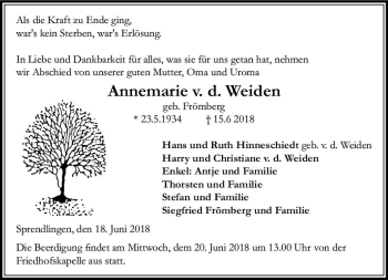 Traueranzeige von Annemarie v. d. Weiden von Trauerportal Rhein Main Presse