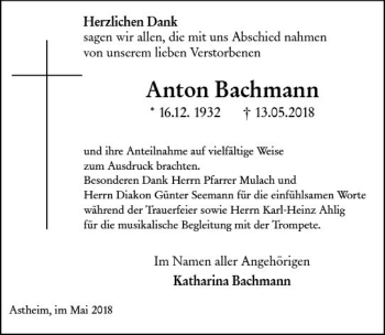 Traueranzeige von Anton Bachmann von Trauerportal Rhein Main Presse