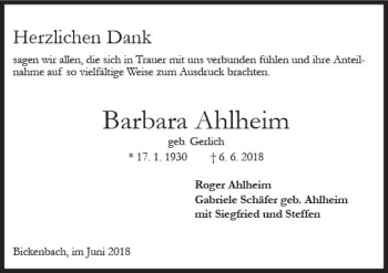 Traueranzeige von Barbara Ahlheim von Trauerportal Rhein Main Presse