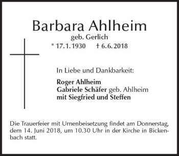 Traueranzeige von Barbara Ahlheim von Trauerportal Rhein Main Presse