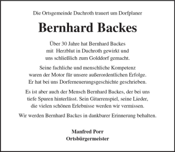 Traueranzeige von Bernhard Backes von Trauerportal Rhein Main Presse