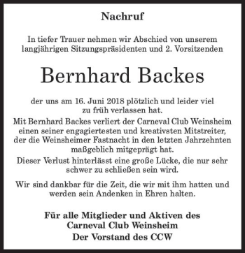 Traueranzeige von Bernhard Backes von Trauerportal Rhein Main Presse