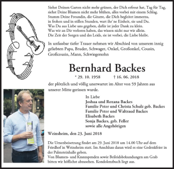 Traueranzeige von Bernhard Backes von Trauerportal Rhein Main Presse