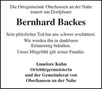 Traueranzeige von Bernhard Backes von Trauerportal Rhein Main Presse