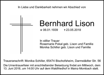 Traueranzeige von Bernhard Lison von Trauerportal Rhein Main Presse