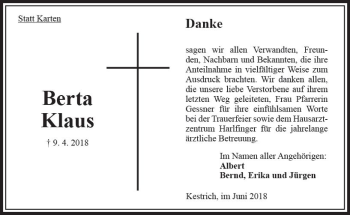 Traueranzeige von Berta Klaus von VRM Trauer