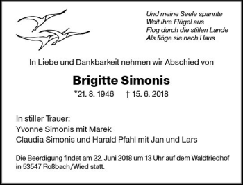 Traueranzeige von Brigitte Simonis von Trauerportal Rhein Main Presse